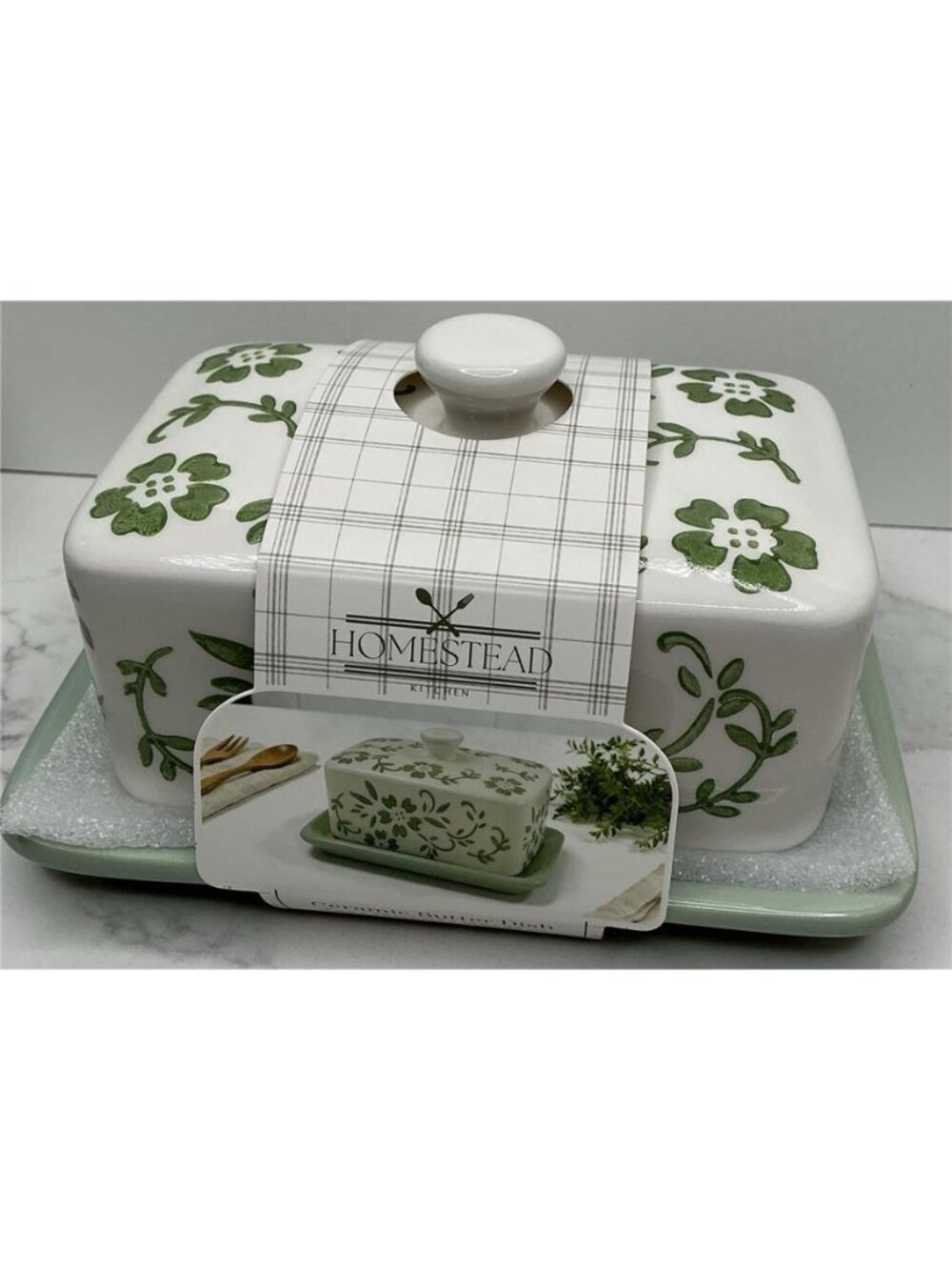 Homestead Butter Dish W/Lid Green Floral Ceramic 7 X 5 X 3.5 New